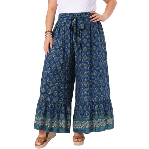 Agnes Orinda Women's Plus Size Wide Leg Pants Belted Boho Print High Waisted Palazzo Pants Flowy Summer Beach Trousers with Pocket 3X Navy Blue