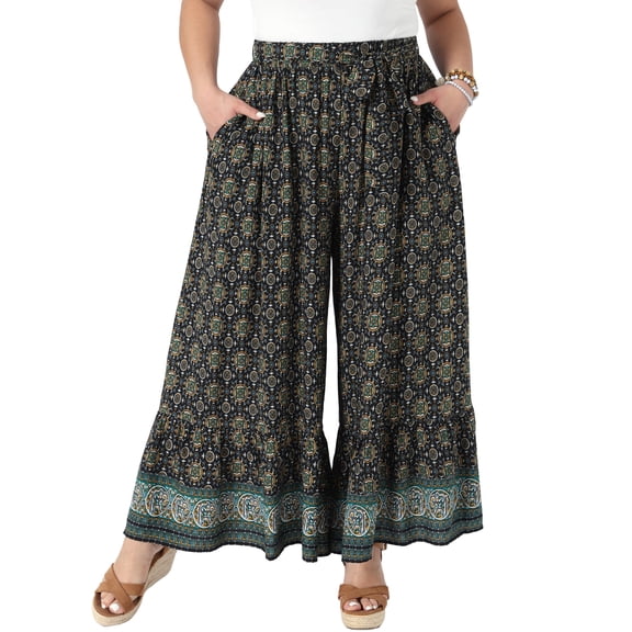 Agnes Orinda Women's Plus Size Wide Leg Pants Belted Boho Print High Waisted Palazzo Pants Flowy Summer Beach Trousers with Pocket 3X Black
