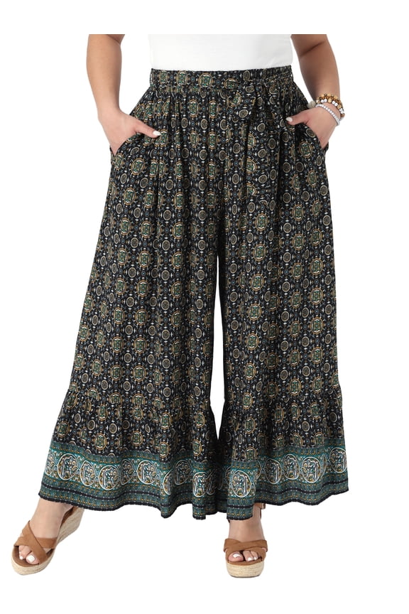 Women's Plus Size Wide Leg Pants Belted Boho Print High Waisted Palazzo Pants Flowy Summer Beach Trousers with Pocket 3X Black