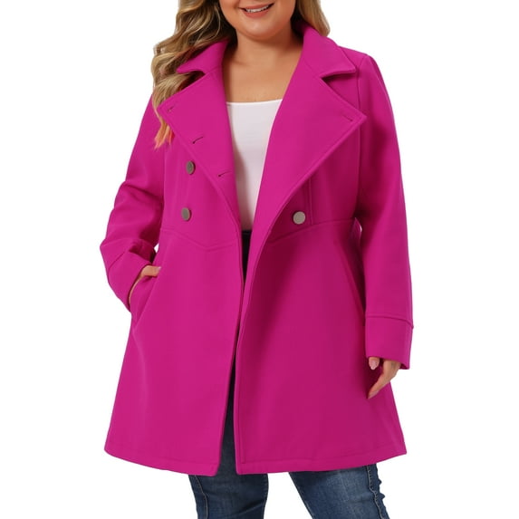 Agnes Orinda Women's Plus Size Winter Coats Double Breasted Peacoat Outerwear Jackets 2X Hot Pink