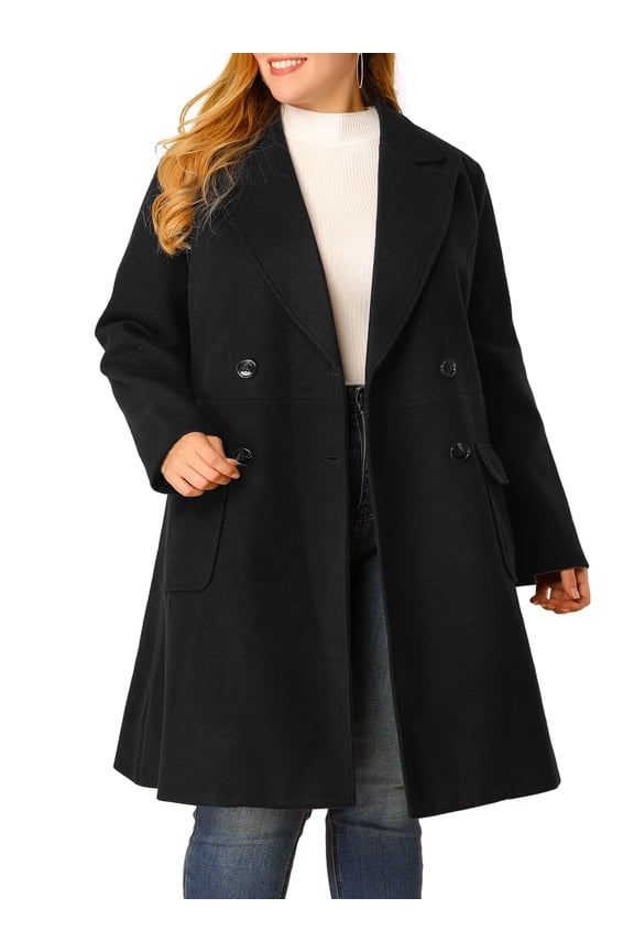 Women's Plus Size Long Winter Coats Notch Lapel Double Breasted Pea Trench Coats 1X Black