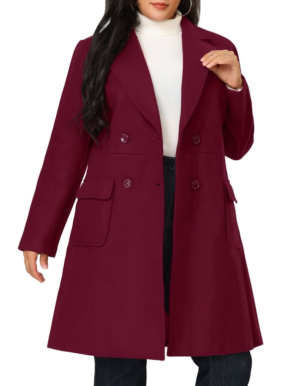 Women's Plus Size Long Winter Coats Notch Lapel Double Breasted Pea Trench Coats 1X Burgundy