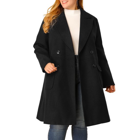 Agnes Orinda Women's Plus Size Long Winter Coats Notch Lapel Double Breasted Pea Trench Coats 2X Black