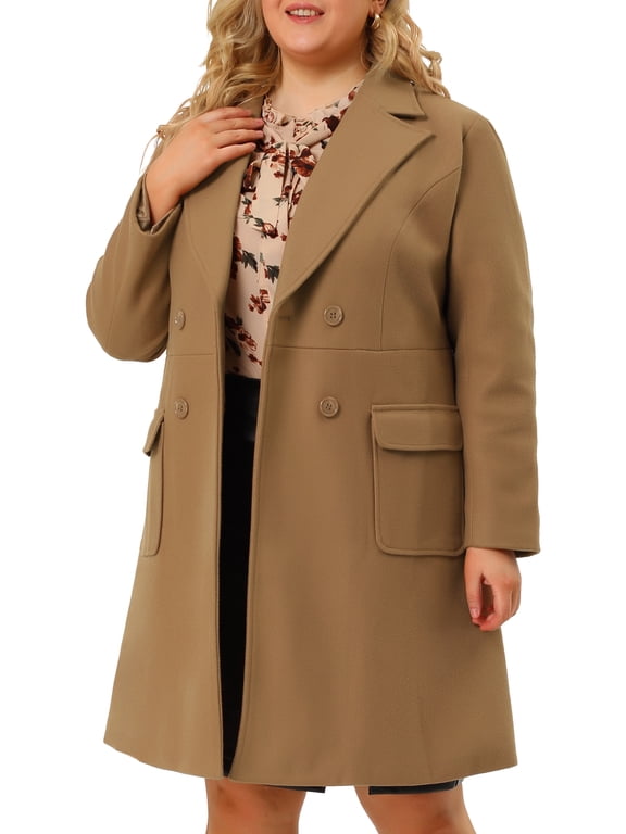 Women's Plus Size Long Winter Coats Notch Lapel Double Breasted Pea Trench Coats 3X Camel