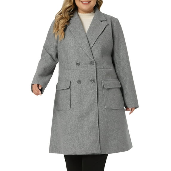 Women's Plus Size Long Winter Coats Notch Lapel Double Breasted Pea Trench Coats 3X Gray