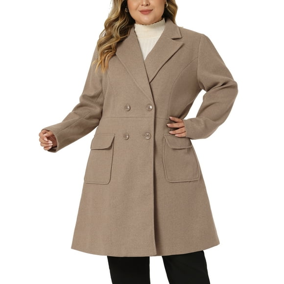 Women's Plus Size Long Winter Coats Notch Lapel Double Breasted Pea Trench Coats 3X Light Brown