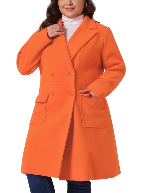 Women's Plus Size Long Winter Coats Notch Lapel Double Breasted Pea Trench Coats 4X Orange