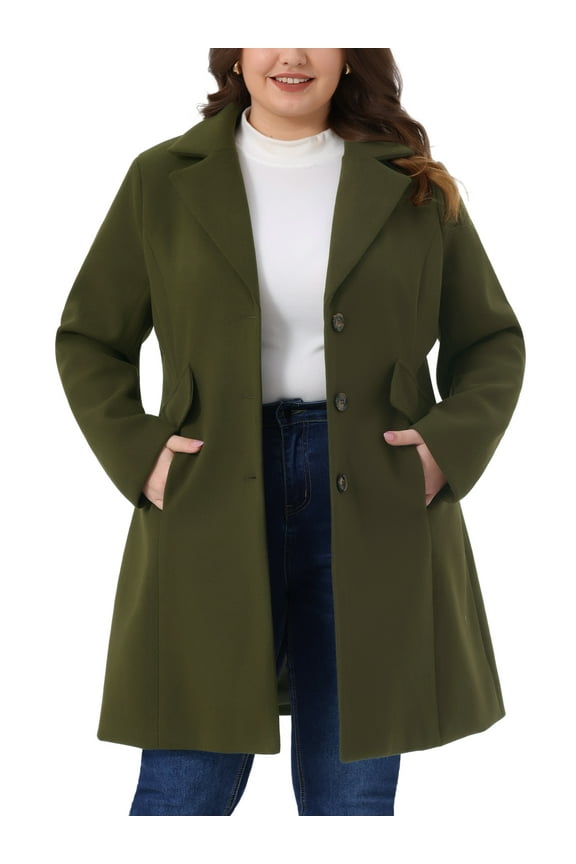 Women's Plus Size Winter Coats Notch Lapel Single Breasted Jacket Trendy Dressy Mid Length Pea Coat with Pocket 2025 2X Army Green