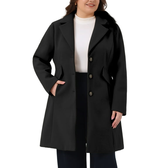 Agnes Orinda Women's Plus Size Winter Coats Notch Lapel Single Breasted Jacket Trendy Dressy Mid Length Pea Coat with Pocket 2025 2X Black