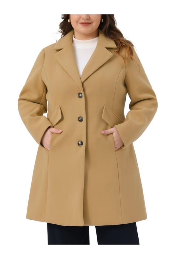 Women's Plus Size St. Patrick's DayWinter Coats Notch Lapel Single Breasted Jacket Trendy Dressy Mid Length Pea Coat with Pocket 2025 2X Camel