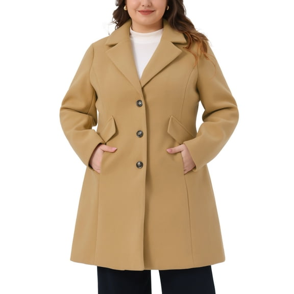 Agnes Orinda Women's Plus Size Winter Coats Notch Lapel Single Breasted Jacket Trendy Dressy Mid Length Pea Coat with Pocket 2025 4X Camel