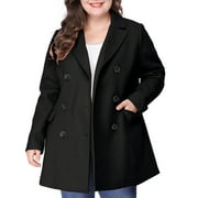 AGNES ORINDA Women's Plus Size Notched Lapel Double Breasted Long Coat for Stylish Winter Wear 1X Black