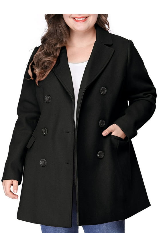 Women's Plus Size Notched Lapel Double Breasted Long Coat for Stylish Winter Wear 2X Black