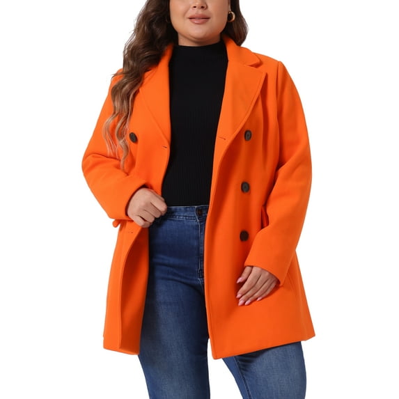 Women's Plus Size Notched Lapel Double Breasted Long Coat for Stylish Winter Wear 3X Orange