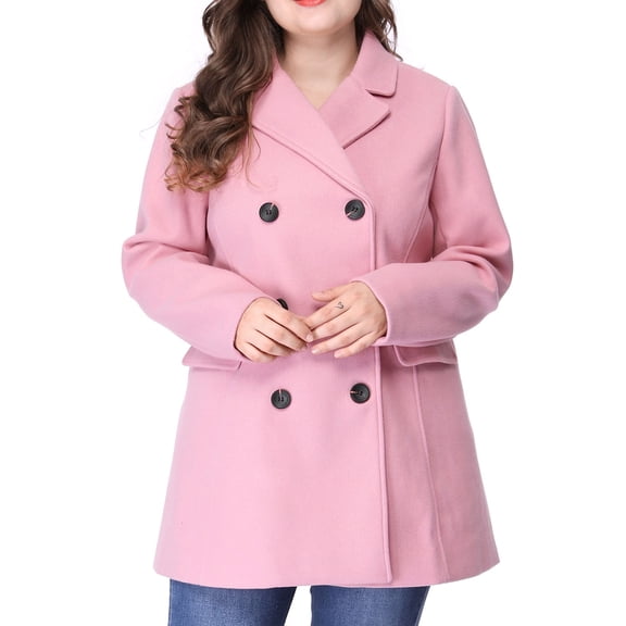 Women's Plus Size Notched Lapel Double Breasted Long Coat for Stylish Winter Wear 4X Pink