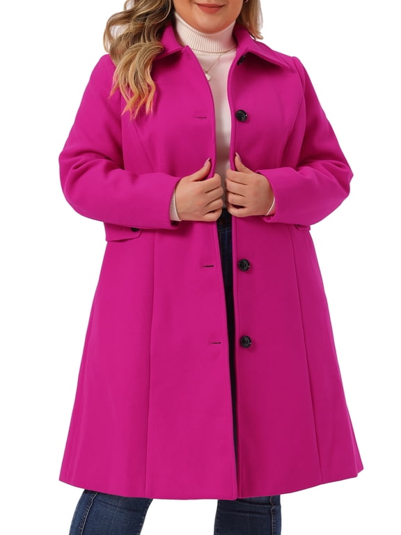 Women's Plus Size Winter Coats Single Breasted Jackets Long Trench Coats Hot Pink 3X