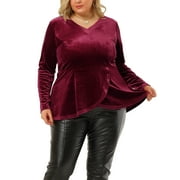 AGNES ORINDA Women's Plus Size Festival Party Velvet Curvy Fall Winter Babydoll Blouse 4X Burgundy