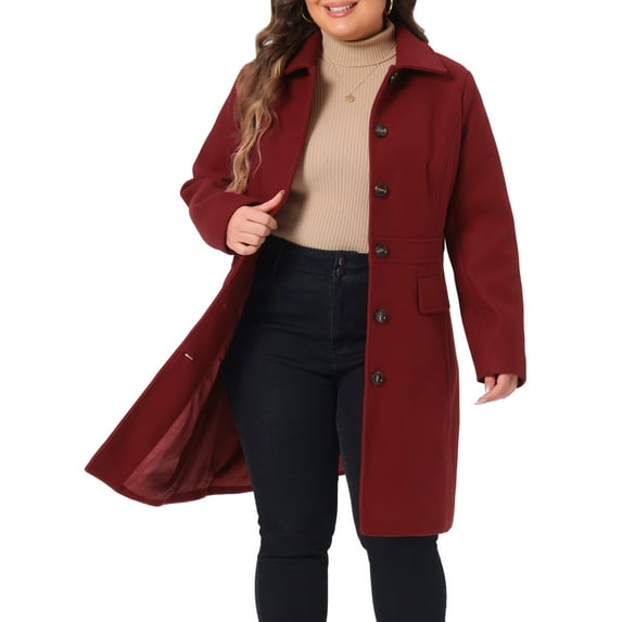 Agnes Orinda Women's Plus Size Coat Solid Single Breasted Long Fall Winter Outerwear with Pockets 1X Dark Red