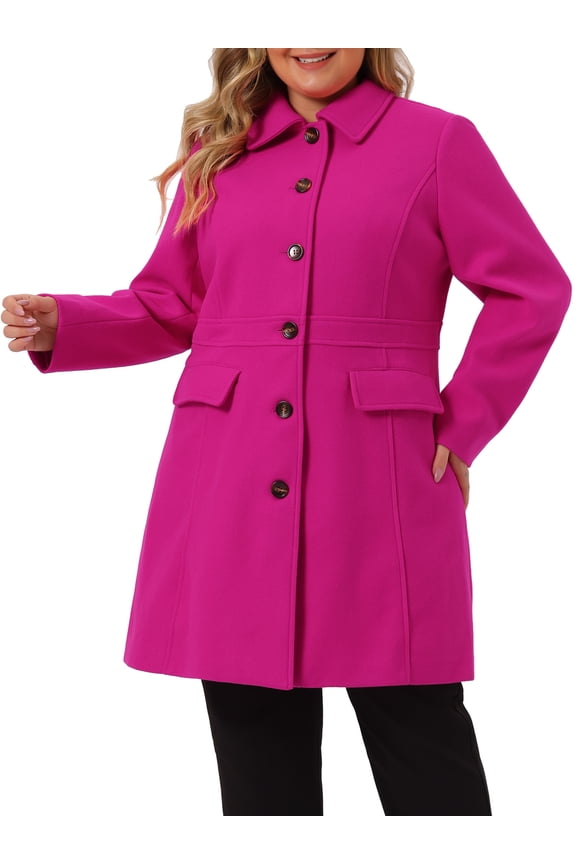 Women's Plus Size Coat Solid Single Breasted Long Fall Winter Outerwear with Pockets 3X Hot Pink