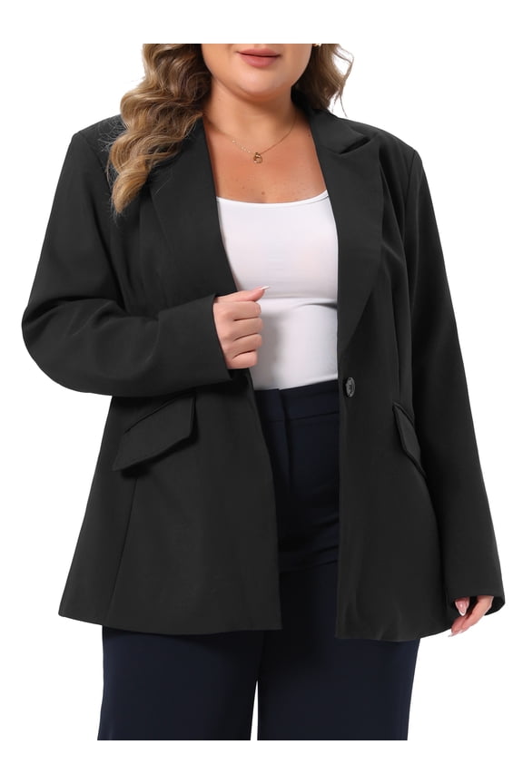 Women's Plus Size Business Casual Blazer Notch Lapel Button Up Long Sleeve Flap Pocket Work Suit Blazers Outfits 2X Black