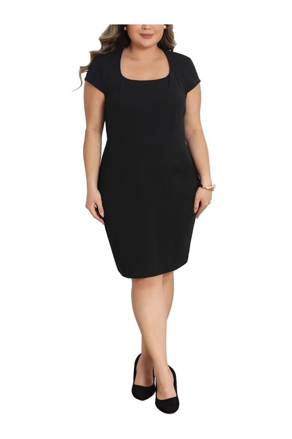 Women's Plus Size Work Dress Square Neck Short Sleeve Back Zipper Sheath Bodycon Formal Business Office Pencil Dress 4X Black