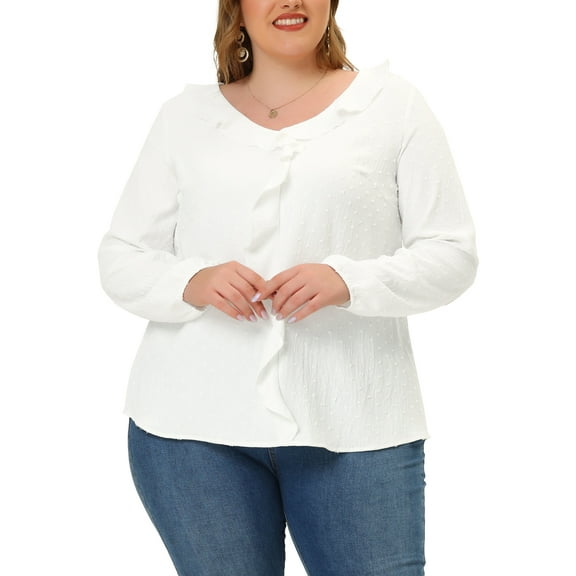 Agnes Orinda Plus Size Blouse for Women Elegant Long Sleeve Ruffle Trim V Neck Office Blouses Tops 1X White