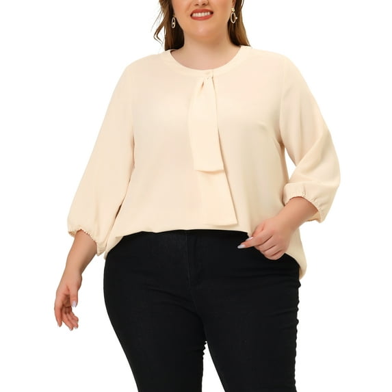 Agnes Orinda Women's Plus Size St. Patrick's Day Tops Work Round Neck Ruffle Chiffon Blouse Office Top 1X Beige