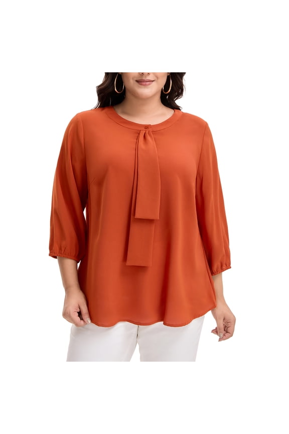 Women's Plus Size Tops Work Round Neck Ruffle Chiffon Blouse Office Top 2X Caramel