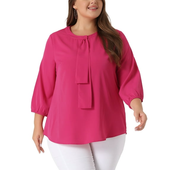 Agnes Orinda Women's Plus Size Tops Work Round Neck Ruffle Chiffon Blouse Office Top 2X Hot Pink