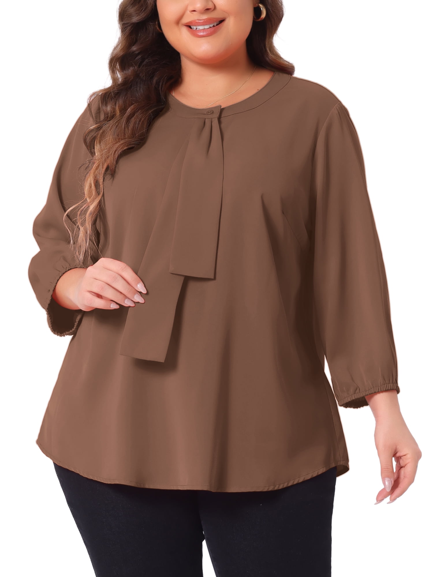 Agnes Orinda Women's Plus Size Tops Work Round Neck Ruffle