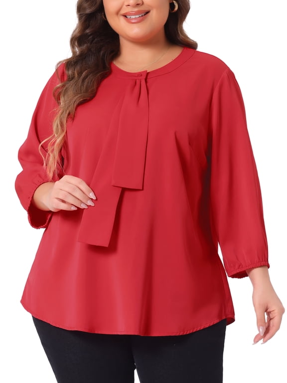 Women's Plus Size School College Work Round Neck Tie Neck Ruffled Office Chiffon Blouse 4X Red