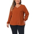 thumbnail image 1 of Agnes Orinda Women's Plus Size Work Office Pleated Dreesy Casual Long Sleeve V Neck Blouses 1X Caramel, 1 of 6