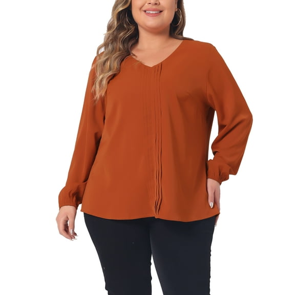 Agnes Orinda Women's Plus Size Work Office Pleated Dreesy Casual Long Sleeve V Neck Blouses 4X Caramel