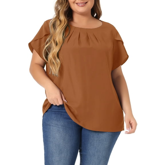Agnes Orinda Women's Plus Size Work Pleated Short Sleeve Round Neck Tulip Sleeves Summer Blouses 2X Brown