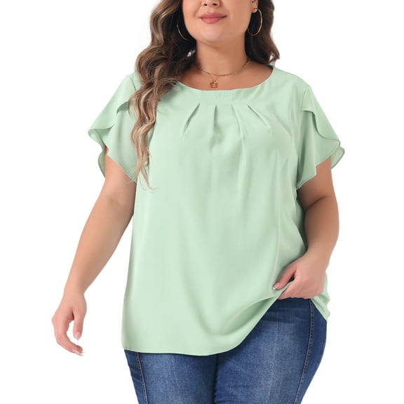 Agnes Orinda Women's Plus Size Work Pleated Short Sleeve Round Neck Tulip Sleeves Summer Blouses 2X Light Green