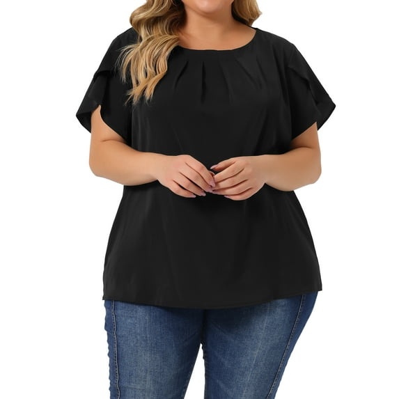Agnes Orinda Women's Plus Size Work Pleated Short Sleeve Round Neck Tulip Sleeves Summer Blouses 3X Black