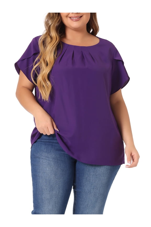 Women's Plus Size Work Pleated Short Sleeve Round Neck Tulip Sleeves Summer Blouses 3X Purple