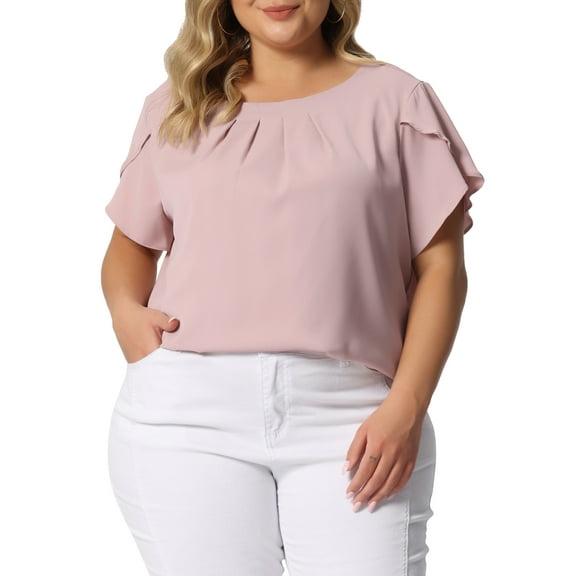 Agnes Orinda Women's Plus Size Work Pleated Short Sleeve Round Neck Tulip Sleeves Summer Blouses 4X Pink