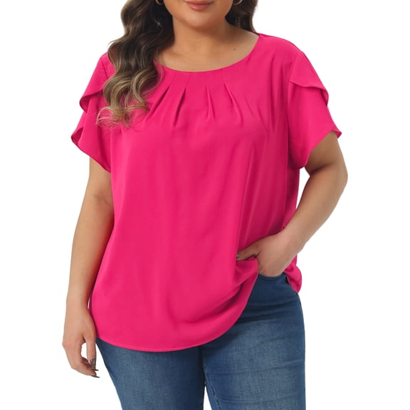 Agnes Orinda Women's Plus Size Work Pleated Short Sleeve Round Neck Tulip Sleeves Summer Blouses 1X Hot Pink