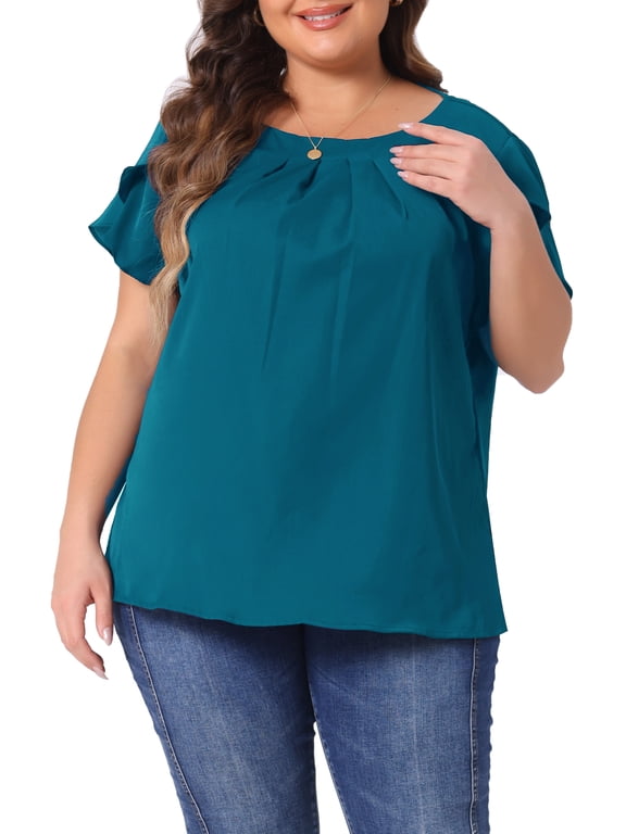 Women's Plus Size Work Pleated Short Sleeve Round Neck Tulip Sleeves Summer Blouses 2X Lake Blue