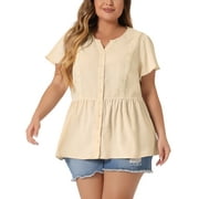 AGNES ORINDA Women's Plus Size Work Short Sleeve Blouses Lace Button Down Peplum Summer Shirt 4X Beige