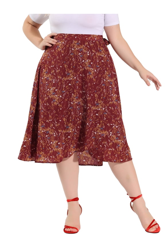 Women's Plus Size Wrap Skirts Boho Floral Chic Ruffled Hem High Waisted A-Line Midi Skirt 1X Red