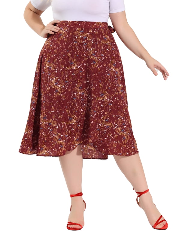 Women's Plus Size Wrap Skirts Boho Floral Chic Ruffled Hem High Waisted A-Line Midi Skirt 3X Red
