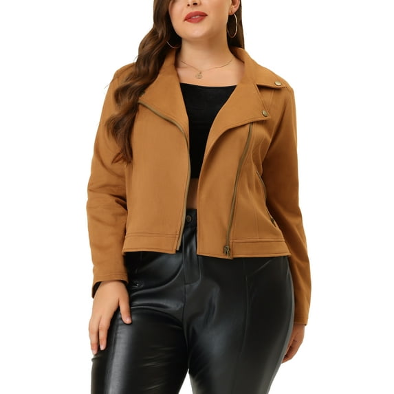 Agnes Orinda Women's Plus Size Zip Up Faux Suede Cropped Motorcycle Jacket 1X Camel