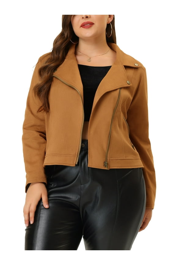 Women's Plus Size Zip Up Faux Suede Cropped Motorcycle Jacket 3X Camel