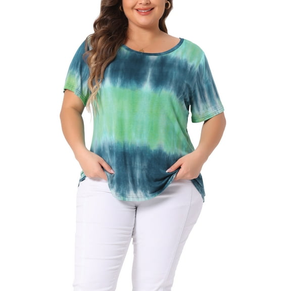 Agnes Orinda Women's Plus Size T-Shirts Round Neck Short Sleeve Multi Color Tie Dye Casual Tops 1X Blue Green