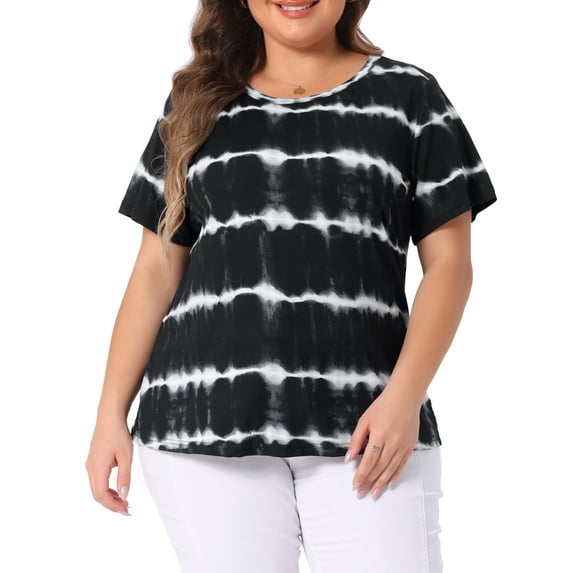 Agnes Orinda Women's Plus Size T-Shirts Round Neck Short Sleeve Multi Color Tie Dye Casual Tops 4X Black