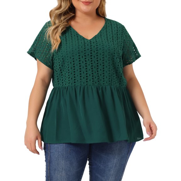 Agnes Orinda Women's Plus Top Contrast Panel V Neck Elastic Back Short Sleeve Blouses 3X Dark Green