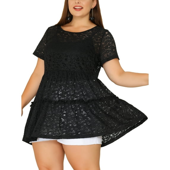 Agnes Orinda Women's Plus Size Tunic Tiered Lace Round Neck Short Sleeve Peplum Tops 2X Black