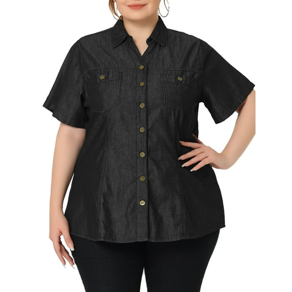 Agnes Orinda Women's Plus Workout Tops Chest Pocket Button Down Denim Casual Office Shirts